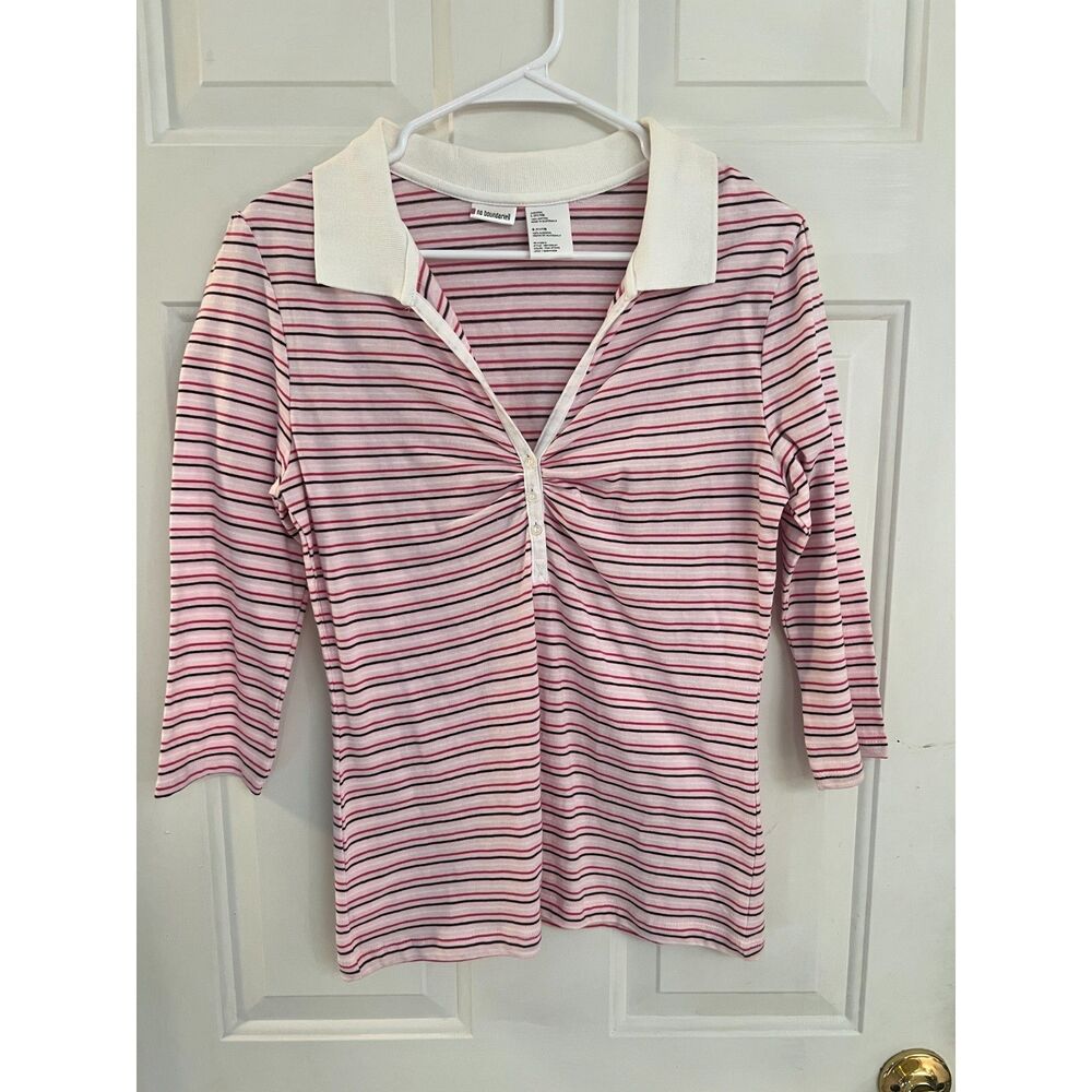Vintage No Boundaries Pink White Stripe Ruched Collared V-Neck Top Y2K Preppy S